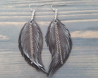 Boho Chic Earrings Grey Leather Feather Earrings Boho Jewelry Bohemian Silver Earrings Bohemian Jewelry Handmade Silver Drop Earrings