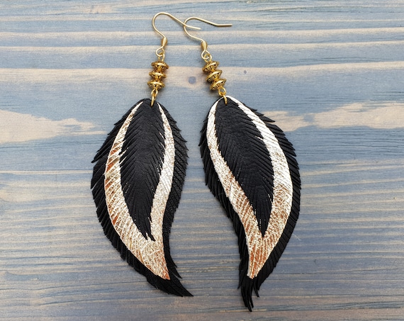 Gold Feather Earrings. Statement Earrings. Boho Earrings. Bohemian Earrings. Leather Feather Earrings. Long Black Earrings. Boho chic.