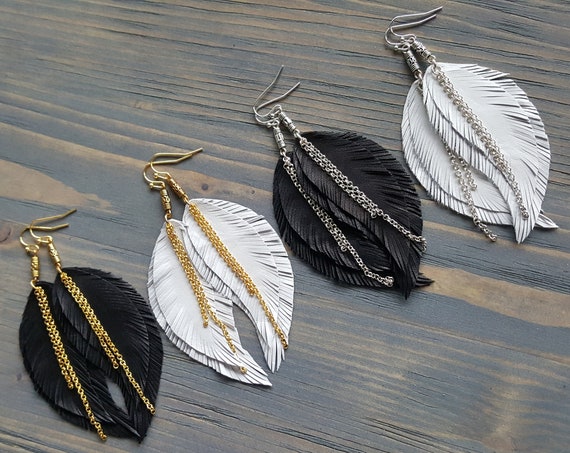 Feather Earrings, Leather Earrings, Boho Earrings, Leather Feather Earrings, Bohemian Earrings, Boho Jewelry, Bohemian Jewelry.
