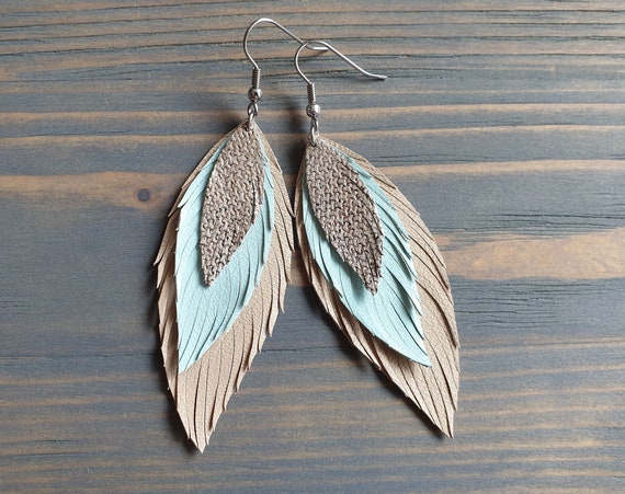 Layered Leather Feather Earrings, Beige Blue Silver Leather Earrings, Statement Earrings, Dangle Earrings, Bohemian Earrings, Boho Jewelry
