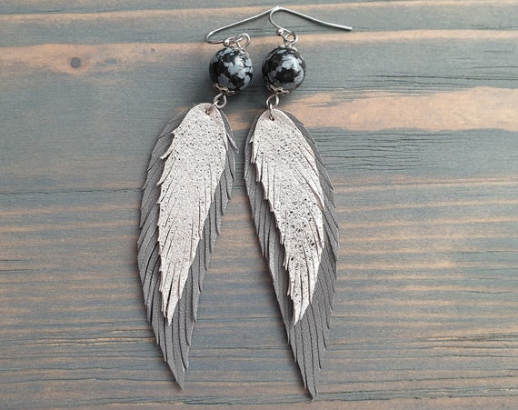Grey Leather Earrings, Leather Feather Earrings. Statement Earrings, Long Drop Earrings, Bohemian Earrings, Lightweight Layered Earrings