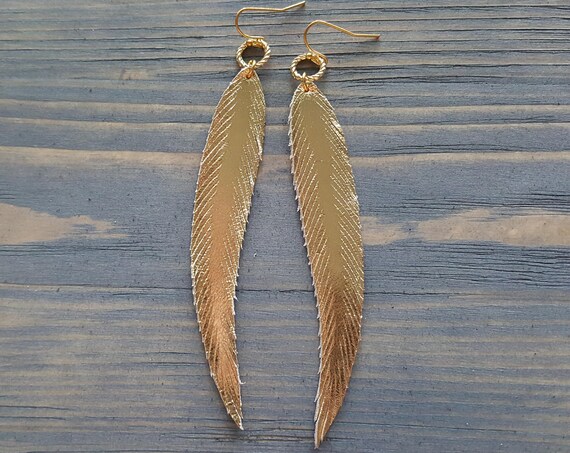 Gold Leather Earrings. Metallic Leather Earrings. Genuine Leather. Long Feather Earrings. Leather Feather. Shiny Earrings. Gold Feathers.