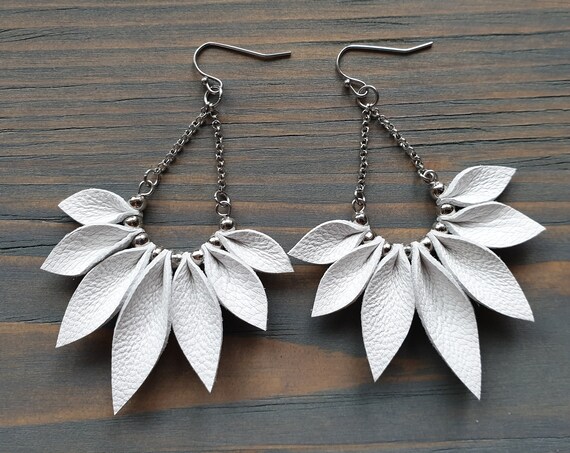 White Fringe Earrings, Silver Boho Earrings, Bohemian Dangle Earrings, Leather Leaves Earrings, Boho Jewelry, Bohemian Statement Jewelry.