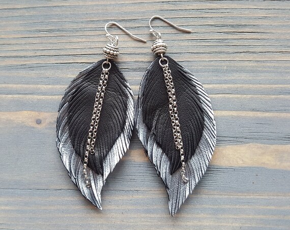 Feather earrings. Leather feather earrings. Leather earrings. Boho earrings. Bohemian earrings. Black silver earrings. Large earrings.