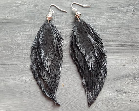 Black leather earrings. Gothic earrings. Leather feather earrings. Large bohemian earrings. Boho jewelry. Handmade silver earrings Boho chic
