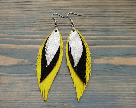 Triple Layer Leather Earrings, Leather Feather Earrings, Boho Earrings, Statement Earrings, Dangle Earrings, Handmade Earrings, Boho Jewelry