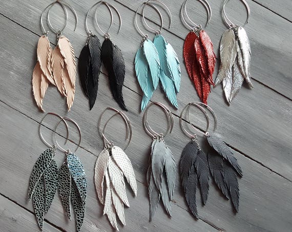 Long Leather Feather Earrings. Triple Feather Earrings. Bohemian Dangle Earrings. Large Hoop Earrings. Silver Hoop Earrings. Italian Leather