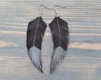 Leather feather earrings. Black feather earrings. Silver and black. Feather earrings. Leather earrings. Boho earrings. Bohemian earrings.