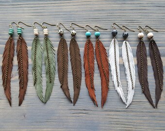 Long Feather Earrings Bohemian Earrings Gemstone Leather Earrings Bohemian Jewelry Long Leather Feather Earrings Boho Tribal Earrings.
