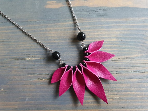Fuchsia Pink Leather Necklace, Leather Petal Necklace, Hot Pink Necklace, Surgical Steel Necklace, Leather Pendant Necklace