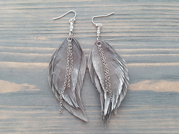 Light Grey Leather Earrings, Leather Feather Earrings, Large Statement Earrings, Long Boho Earrings, Bohemian Earrings, Statement Jewelry.
