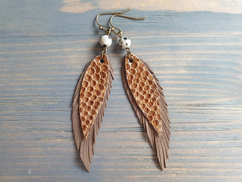 Brown Feather Earrings. Leather Feather Earrings. Gemstone Etsy