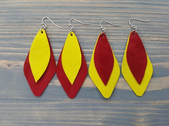 Bright Geometric Suede Earrings. Leather Earrings. Teardrop Leather Earrings. Colorful Dangle Earrings. Geometric Leather Jewelry.