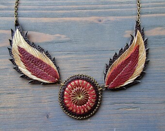 Handmade Genuine Leather Bohemian Necklace, Embroidered Mandala Necklace, Boho Earrings, Leather Feather Earrings, Statement Bib Necklace.