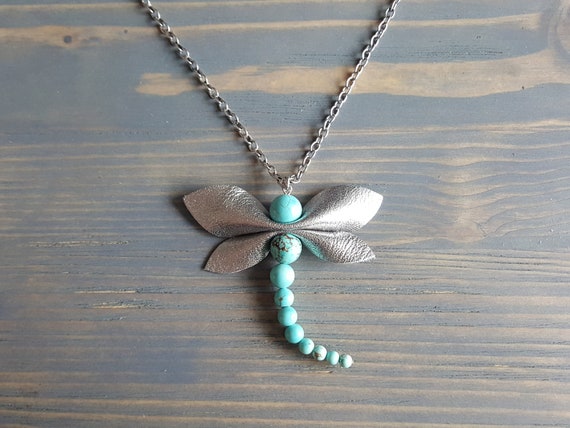 Turquoise Dragonfly Pendant, Silver Dragonfly Necklace, Large Turquoise Pendant Necklace, Gemstone Statement Necklace, Statement Jewelry.