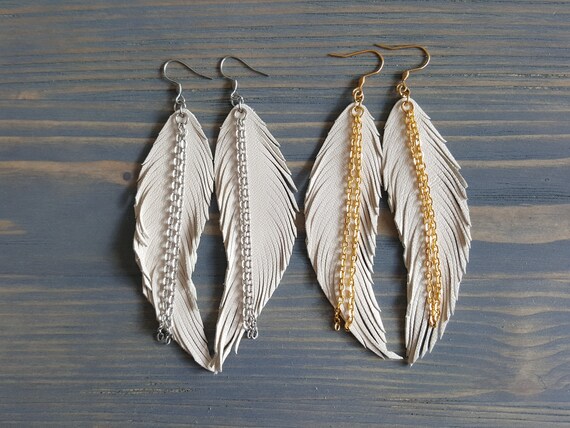 Ivory Cream Earrings, Boho Wedding Earrings, Leather Earrings, Ivory Bridal Earrings, Bohemian Wedding Earrings, Leather Feather Earrings.