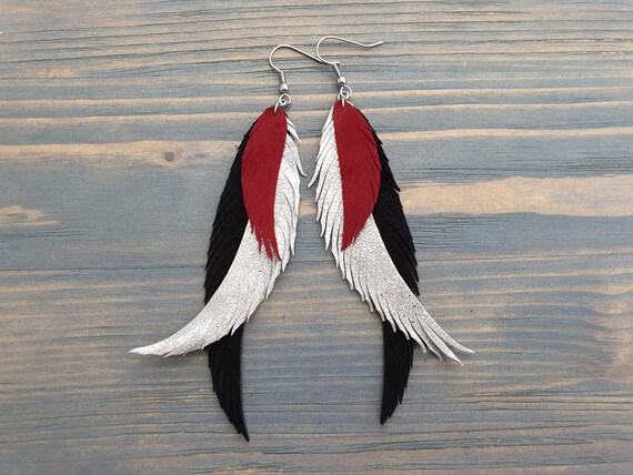 Statement Earrings, Boho Earrings, Leather Earrings, Long Earrings, Leather Feather Earrings, Bohemian Earrings, Multicolored Earrings