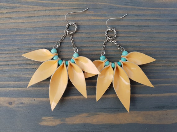 Peach Leather and Turquoise Earrings, Leather Earrings, Fun Earrings, Turquoise Beads, Dangle Earrings, Boho Earrings, Boho Jewelry Handmade