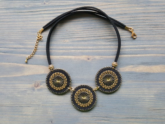 Leather Bohemian Necklace. Boho Chic Necklace. Bohemian Leather Jewelry. Embroidered Mandala Necklace. Black and Gold Leather Necklace.