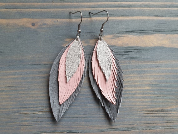 Layered Leather Earrings, Grey Pink Silver Earrings, Leather Feather Earrings, Boho Earrings, Lightweight Earrings, Statement Earrings