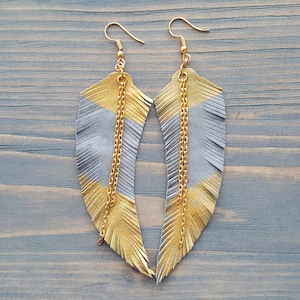 Leather Feather Earrings. Statement Boho Earrings. Bohemian Jewelry . Long Grey Earrings. Gold Dangle Earrings. Tribal Earrings. Boho Chic.