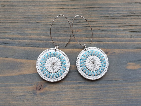 White Leather Earrings. Boho Earrings. Dangle Circle Earrings. Embroidered Mandala Earrings. Hippie Earrings. Bohemian Earrings.