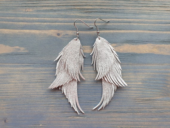 Silver feather earrings, Leather earrings, Leather feather earrings, Silver boho earrings, Statement earrings, Long earrings, boho jewelry