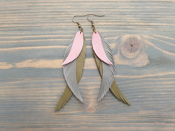 Long Earrings, Leather Earrings, Triple Feather Earrings, Boho Earrings, Layered Earrings, Boho Jewelry, Bohemian Earrings, Dangle Earrings