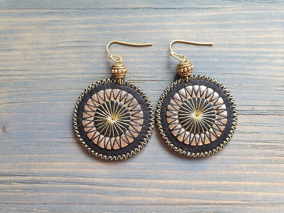 Leather Earrings, Embroidered Earrings, Circle Earrings, Boho Earrings, Statement Earrings, Bohemian Earrings, Boho Jewelry, Black and Gold
