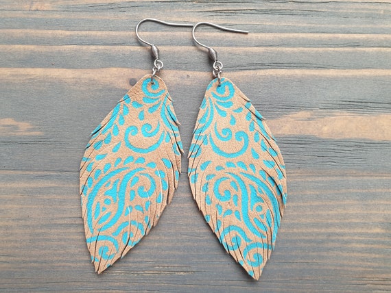 Leather Feather Earrings Boho Jewelry Hand Painted Bohemian Earrings Dangle Drop Earrings Fashion Summer Jewelry Handmade Earrings
