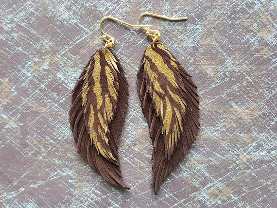 Leather Earrings, Brown Gold Earrings, Leather Feather Earrings, Tiger Earrings, Bohemian Earrings, Boho Jewelry, Light weight earrings.