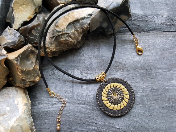 Black Suede Choker. Gold Pendant Necklace. Leather Boho Choker. Bohemian Mandala Necklace. Gold Black Pendant Necklace. Boho Jewelry.