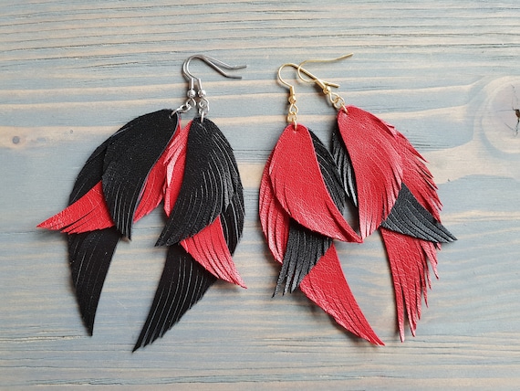 Layered Leather Earrings, Leather Feather Earrings, Leather Earrings, Black and Red Earrings, Feathers, Statement Earrings
