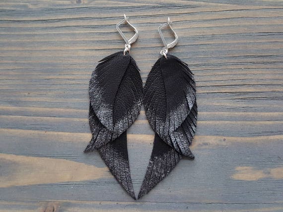 Triple Leather Feather Earrings / Genuine Leather Earrings Handmade Bohemian Earrings Boho Earrings Silver Ombre Earrings Black Earrings
