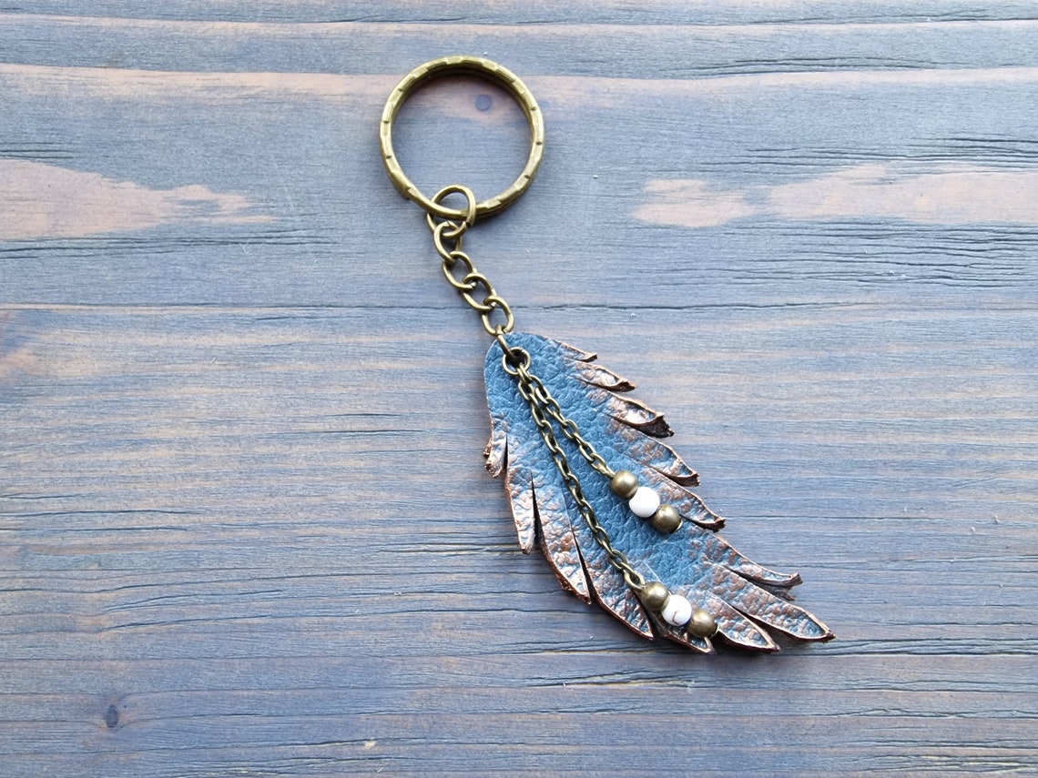 Leather Feather Keychain. Bronze Key Chain. Leather Keyring. Boho ...