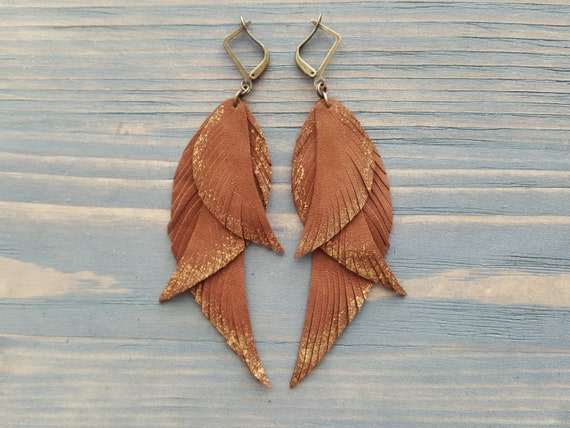 Triple Feather Earrings, Leather Feather Earrings, Bohemian Earrings, Boho Earring, Italian Leather Earrings, Brown Leather Earrings