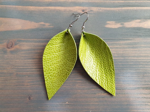 Green Leather Leaf Earrings, Large Leather Earrings, Green Earrings, Bohemian Earrings, Statement Earrings, Trendy Earrings