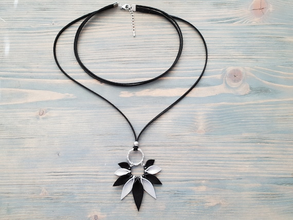 Layered Leather Necklace, Choker Necklace, Pendant Necklace, Boho Necklace, Boho Jewelry, Black and Silver Necklace, Boho Choker