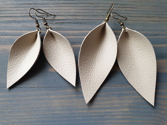 Cream Leather Earrings, Western Earrings, Leather Leaf Earrings, Simple Earrings, Boho Earrings, Leather Jewelry, Gift For Her