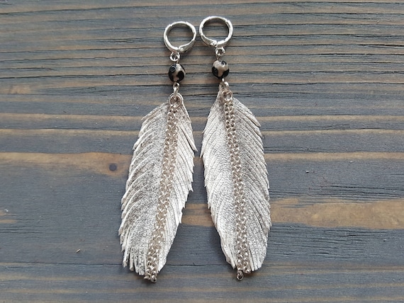 Leather Earrings, Feather Earrings, White Leather Earrings, White Earrings, Leather Feather Earrings, Black Earrings, Brown Earrings