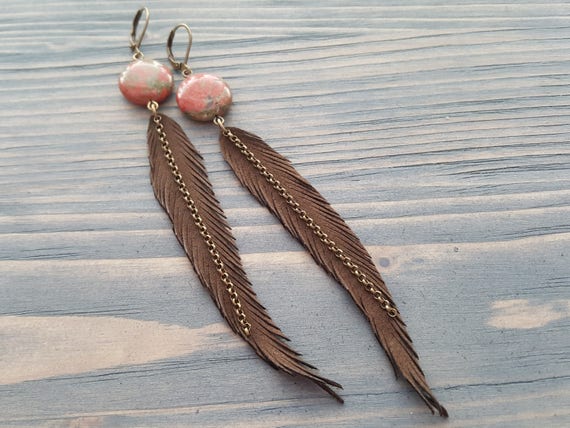 Long Leather Feather Earrings. Bohemian Leather Earrings. Gemstone Leather Earrings. Unakite Earrings. Gemstone and Leather Boho Jewelry.