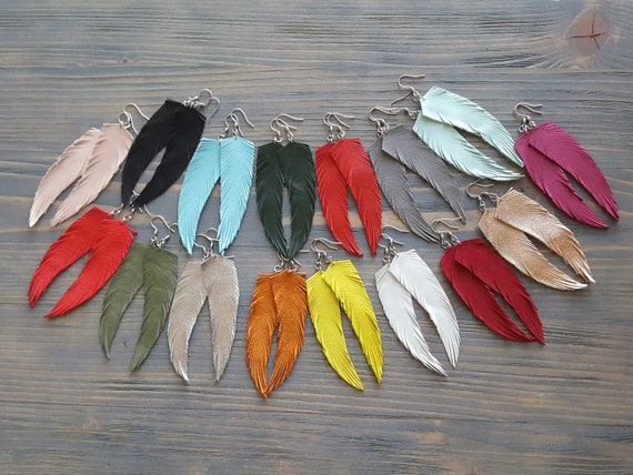 Small Leather Feather Earrings. Multicolored Earrings. Bright Earrings. Genuine Leather Earrings. Lightweight Earrings. Boho Earrings.