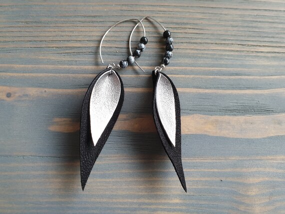 Leather Leaf Earrings, Long Earrings, Layered Leather Earrings, Black and Silver Earrings, Leather Jewelry, Obsidian Earrings