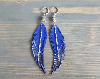 Royal blue earrings. Leather earrings. Leather feather earrings. Blue feather earrings Bohemian earrings Long feather earrings Boho earrings