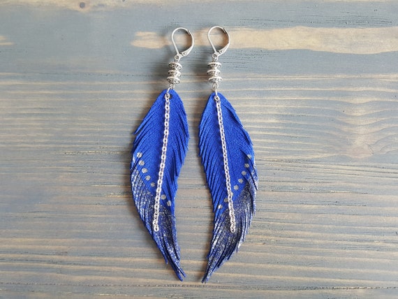Royal blue earrings. Leather earrings. Leather feather earrings. Blue feather earrings Bohemian earrings Long feather earrings Boho earrings