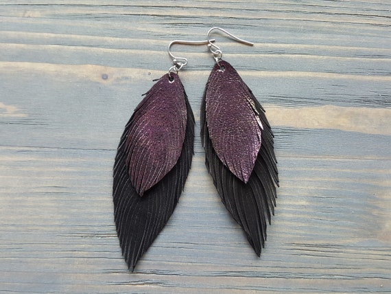 Chameleon Metallic Leather Earrings. Large Leather Feather Earrings. Black Suede Earrings. Statement Earrings. Bohemian Earrings.