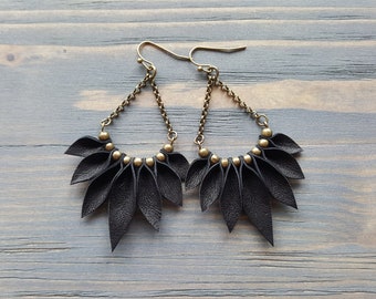 Black Leather Earrings, Boho Earrings, Bohemian Earrings, Statement Earrings, Long Dangle Earrings, Bronze Earrings, Statement Jewelry