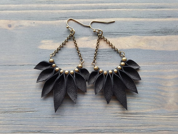 Black Leather Earrings, Boho Earrings, Bohemian Earrings, Statement Earrings, Long Dangle Earrings, Bronze Earrings, Statement Jewelry