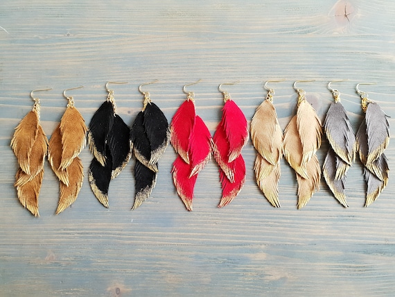 Long Boho Earrings, Leather Earrings, Feather Earrings, Leather Feather Earrings, Dangle Earrings, Boho Jewelry, Bohemian Earrings Handmade