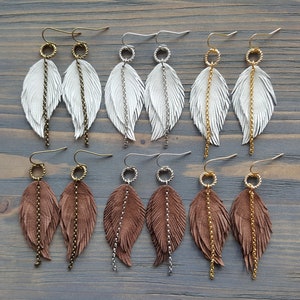 Leather feather earrings. Boho earrings. Bohemian earrings. Leather earrings. Dangle layered earrings. Native earrings. Western earrings. image 2